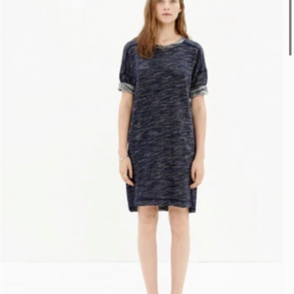 Madewell marled blue piped cuffed short sleeve sweatshirt dress with pockets S